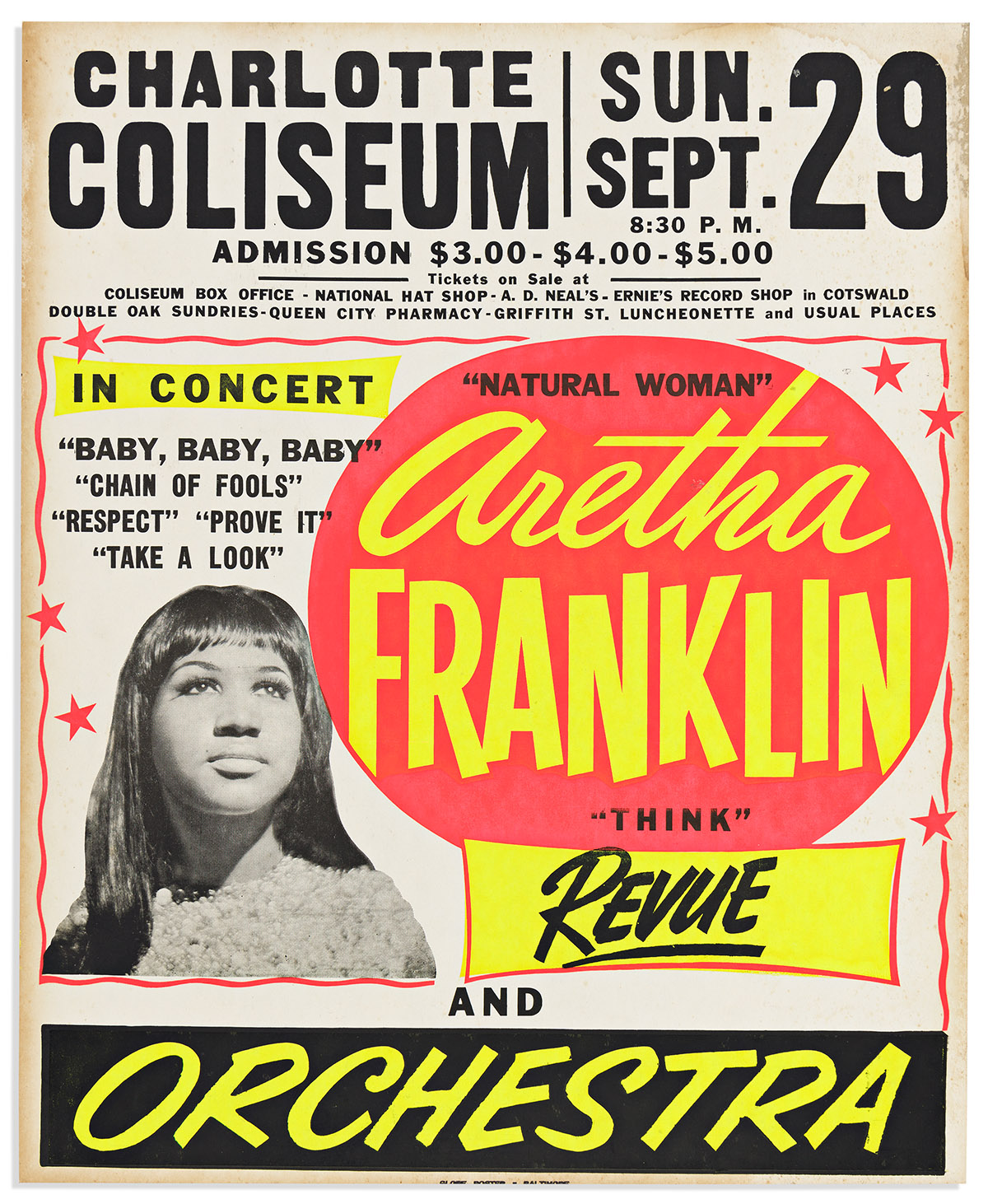 (ENTERTAINMENT--MUSIC.) Charlotte Coliseum . . . In Concert . . . "Natural Woman" Aretha Franklin . . and Orchestra.